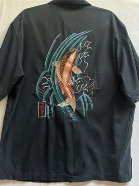 Tori Richard Koi Fish Embroidered Silk Blend Short Sleeve Camp Shirt L